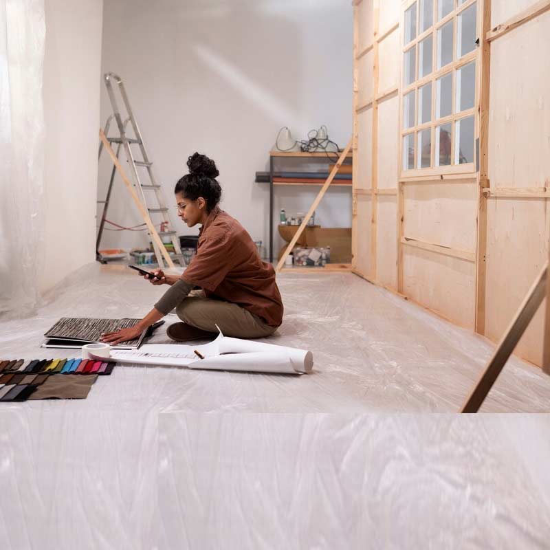 A person sits on the floor of a partially constructed room, looking at a phone. Plans, fabric swatches, and a laptop are on the floor nearby. A ladder and shelving with tools are in the background.