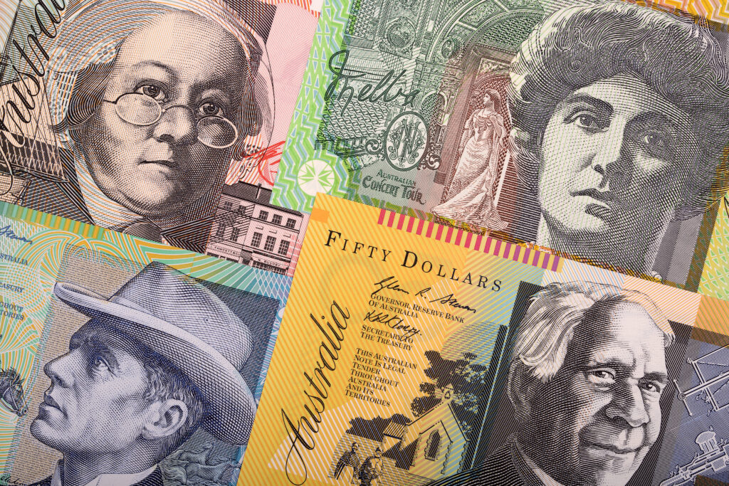 Close-up of various international banknotes