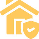 Icon of a house with a shield showing a checkmark, symbolizing home security or protection