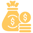 Yellow icon of a money bag with a dollar sign, accompanied by a stack of coins featuring dollar symbols