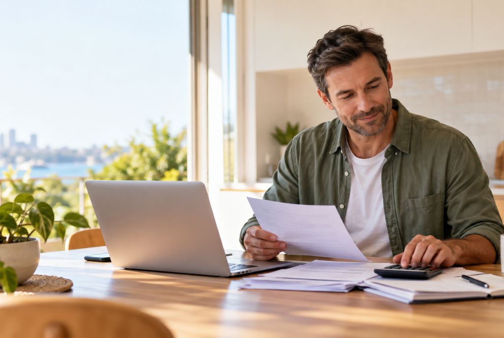 Man sitting at a table with a laptop, papers, and a calculator, appearing to review documents in a bright, home setting.
